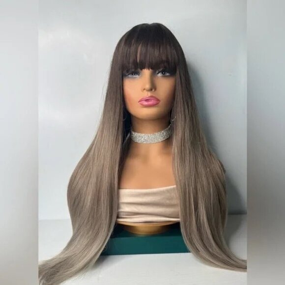 Other - Light Ash Blonde Balayage Brown Roots long Hair Wig with Bangs 28 in Realistic